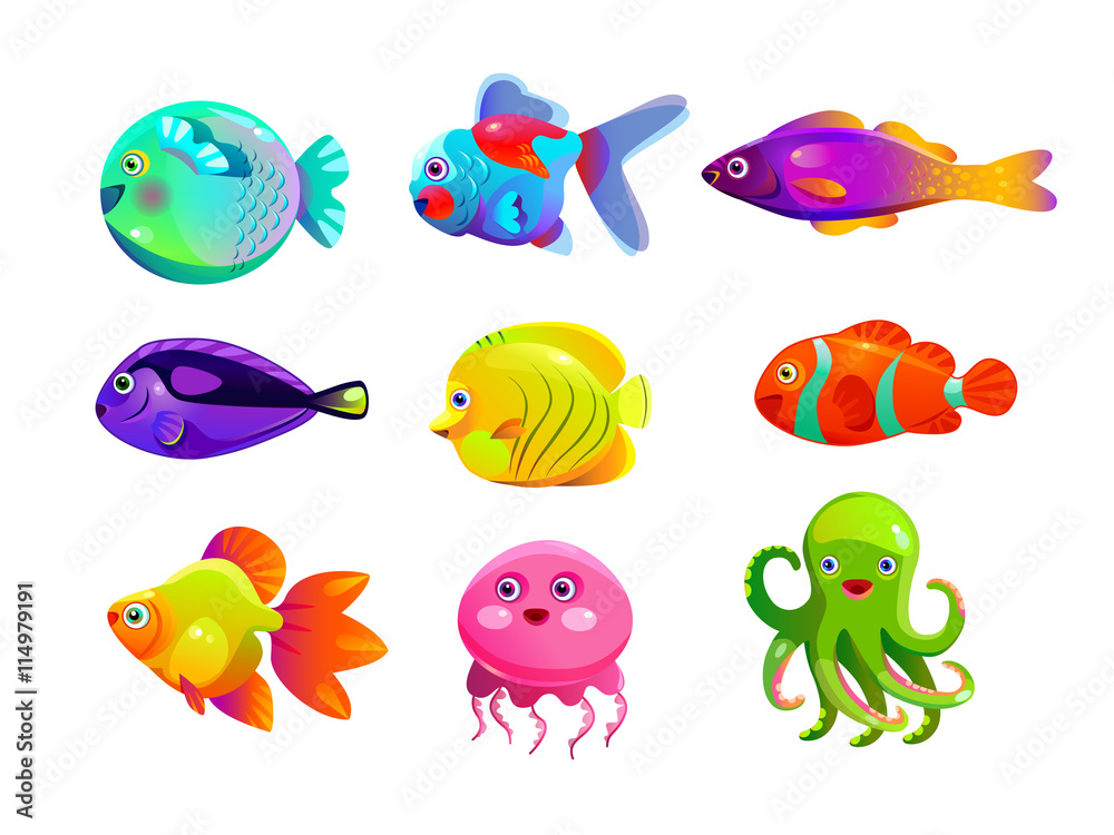 Fototapeta premium Funny cartoon colorful tropic fishes