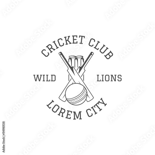 Cricket club emblem and design elements.   logo .  patch. Sports stamp with  gear, equipment - bat, ball. Use for web , tee  or print on t-shirt. Monochrome