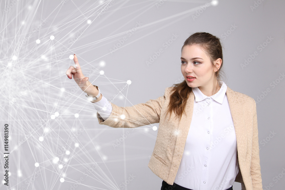 Worldwide network or wireless internet connection futuristic concept. Woman working with linked dots. Worldwide network or wireless internet connection futuristic concept. Woman working with linked dots.