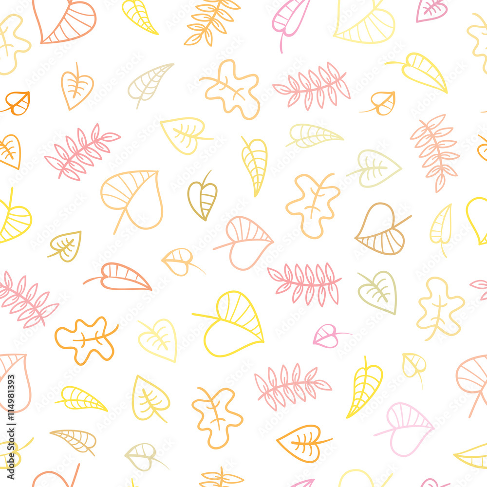 Seamless pattern with falling colorful leaves on white background. Autumn season. Vector contour image. Seamless pattern with falling colorful leaves on white background. Autumn season. Vector contour image.