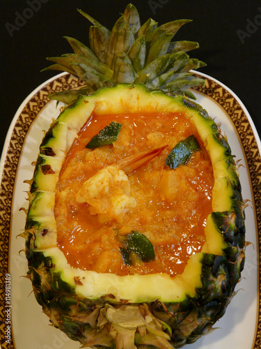 thai food - gaeng kua sap pa rod goong - red curry with shrimps and pineapple photo