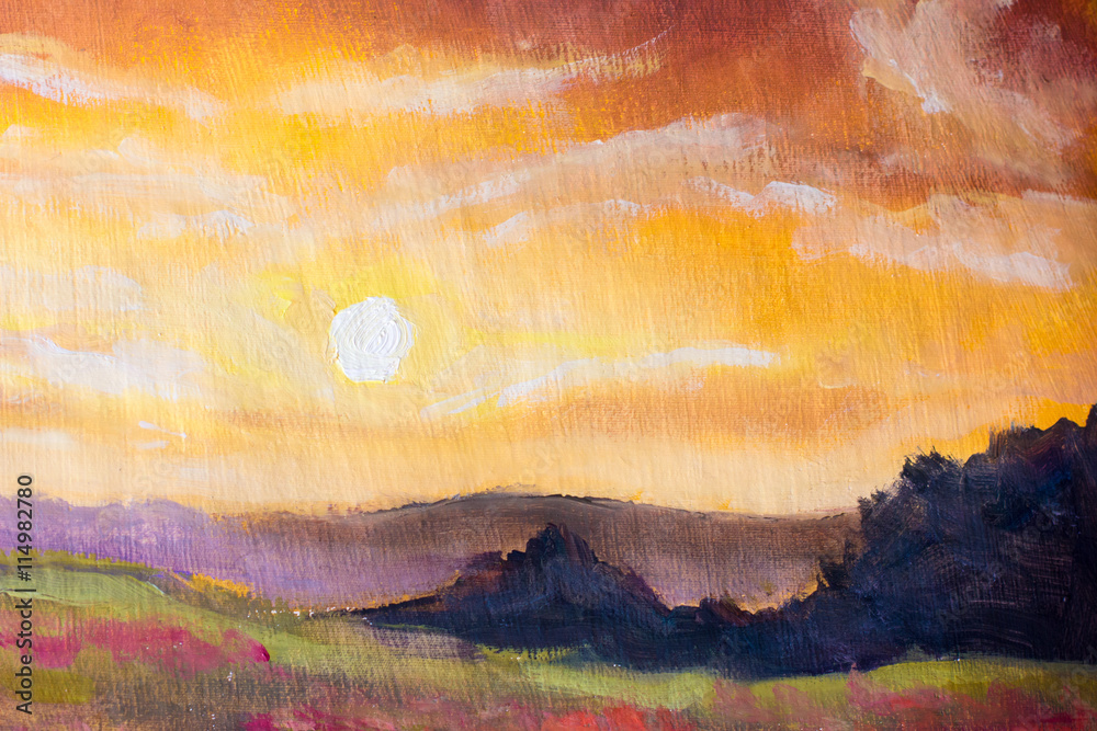 Fototapeta premium Warm sunset in mountains closeup artistic painting background.