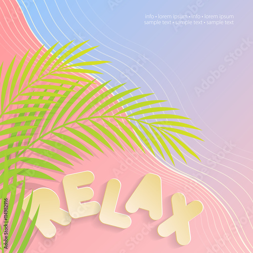 Relax on the beach. Wavy backdrop with blue and pink colors with a text written «Relax» in bold. Sample of vector illustration. Best used for posters, flyers, or wallpaper.