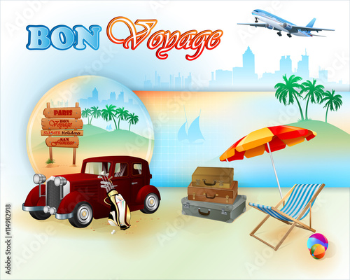 Travel template with classic car in front of exotic view, sunbed with umbrella and a plane flying over distant city