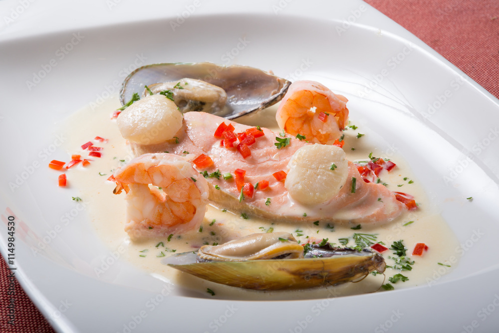 Seafood cream soup with shrimps Seafood cream soup with shrimps