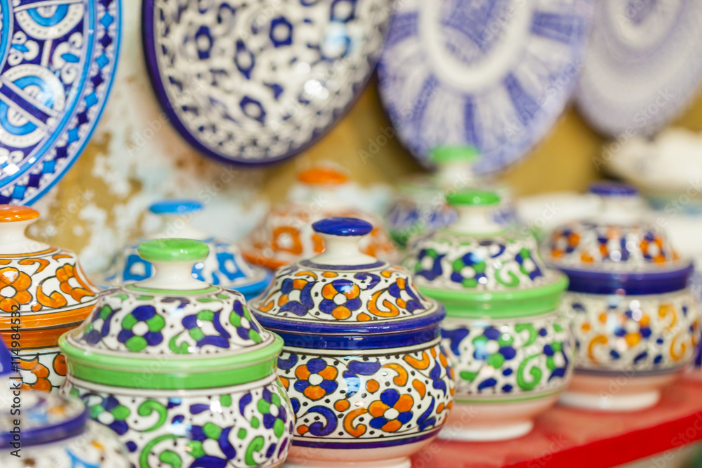 Selection of traditional ceramics on Moroccan market (souk) in F Selection of traditional ceramics on Moroccan market (souk) in F