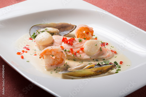 Seafood cream soup with shrimps