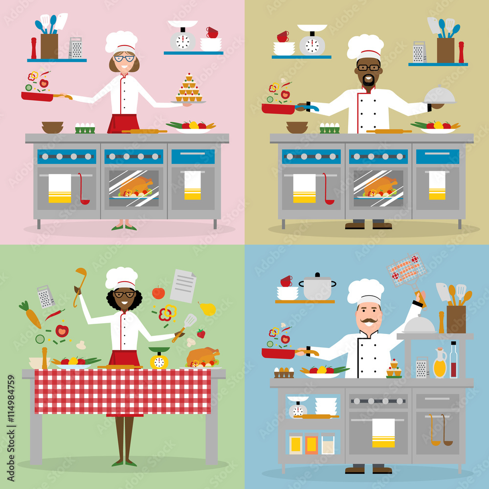 Chefs cooking set. Chefs with cooking table, restaurant and cafe equipment. Master class, workshop. Chefs holding pan, ladle, using oven, chopping vegetables, holding cake, frying, bbq and more. Chefs cooking set. Chefs with cooking table, restaurant and cafe equipment. Master class, workshop. Chefs holding pan, ladle, using oven, chopping vegetables, holding cake, frying, bbq and more.