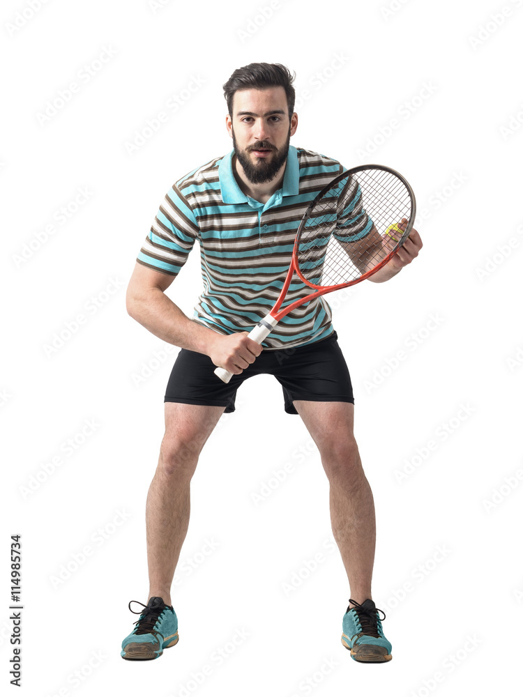 Concentrated tennis player bending and waiting for serve. Full body length  portrait isolated over white studio background. foto de Stock | Adobe Stock