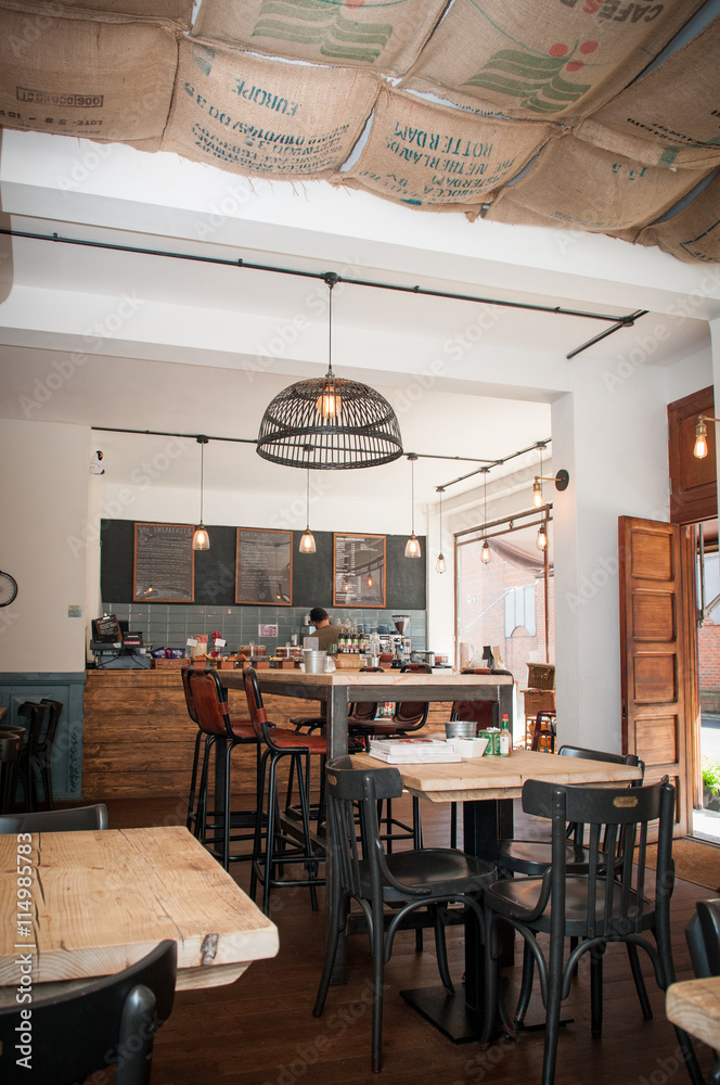 Cafe interior in a stylish rustic theme