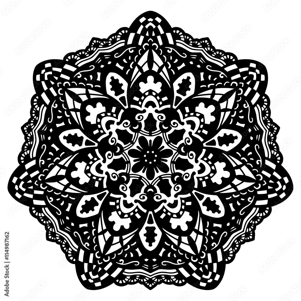 Round element for coloring book. Black and white ethnic henna pattern ...