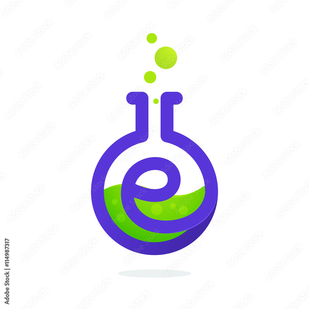 Letter E logo in laboratory beaker. Letter E logo in laboratory beaker.