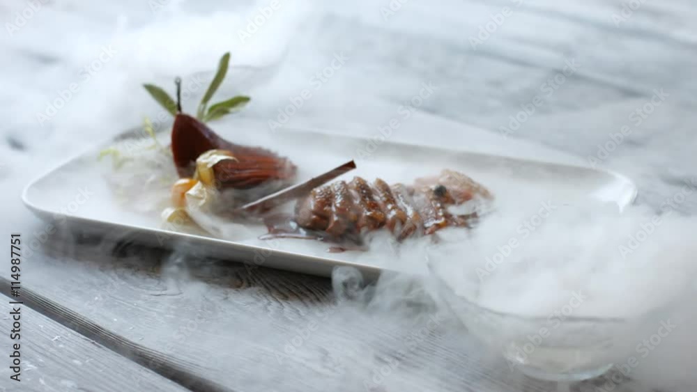Cooked meat on a plate. Meat with sauce and herb. Duck breast with frisee lettuce. Delicious dish and dry ice.