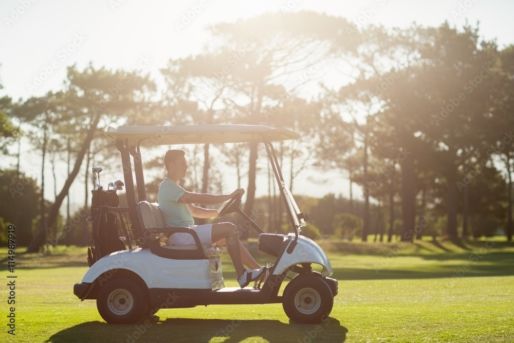 Side view of man sitting in golf buggy
