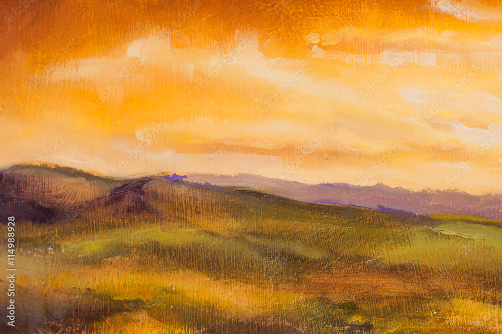 Naklejka premium Warm sunset in mountains closeup artistic painting background.