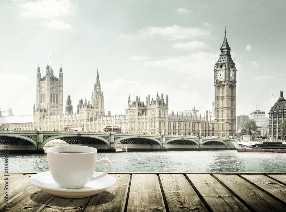 Big Ben and cup of coffee, London, UK - obrazy, fototapety, plakaty 