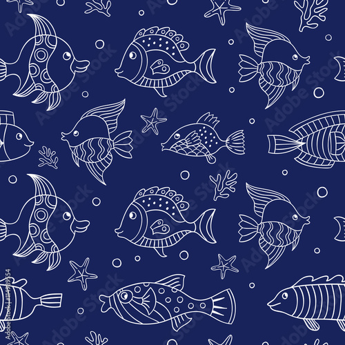 Fish seamless pattern. Background with fishes and ocean underwater sealife