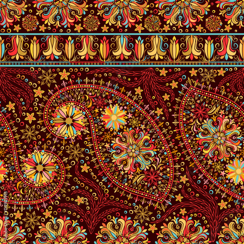 Hand drawing striped wallpaper. Paisley vintage floral motif ethnic seamless background. Printable colors abstract lace pattern. Editable colors without losing seamlessly.  EPS-8 vector buta texture

