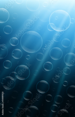 Bubbles and rays of light under water. Sea vector background.