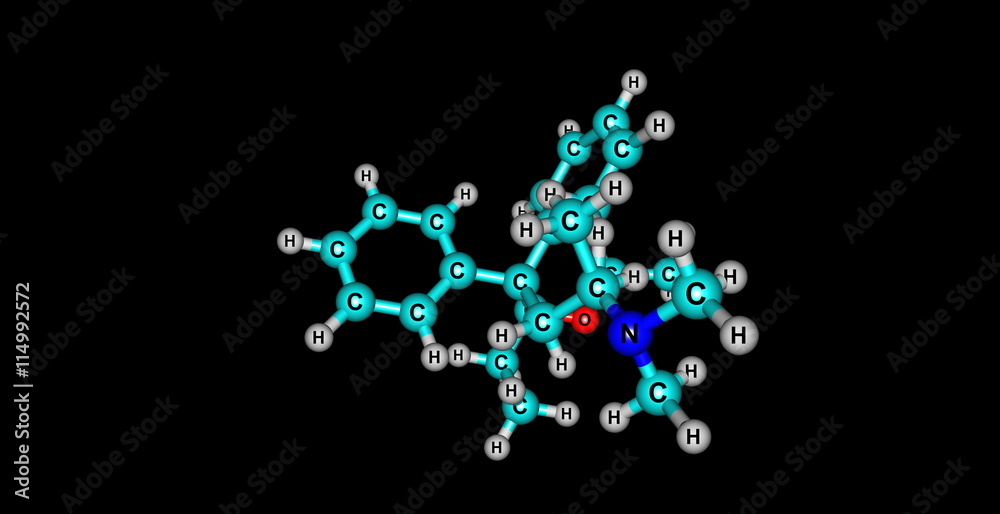 Betacetylmethadol molecular structure isolated on black Betacetylmethadol molecular structure isolated on black