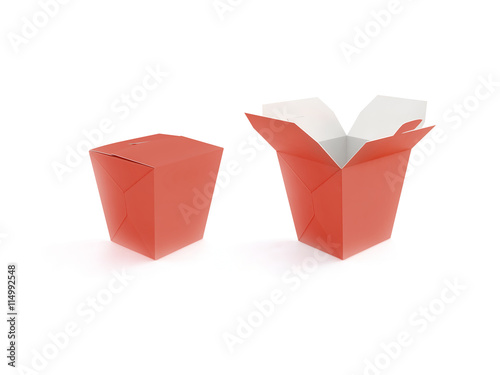 Opened and closed red blank fast food box mockup stand isolated, 3d rendering. Empty clear noodle carton box mock up. Take away chicken paper bag template. Meal container fries packaging. Nuggets, wok