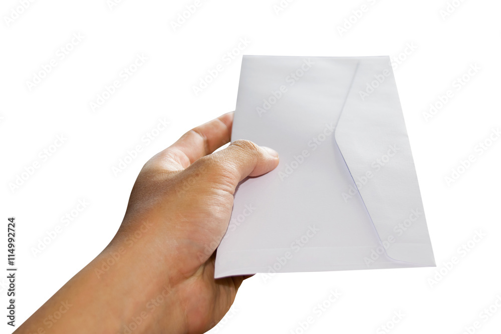 Hands of men hold white envelope isolate on white background Hands of men hold white envelope isolate on white background
