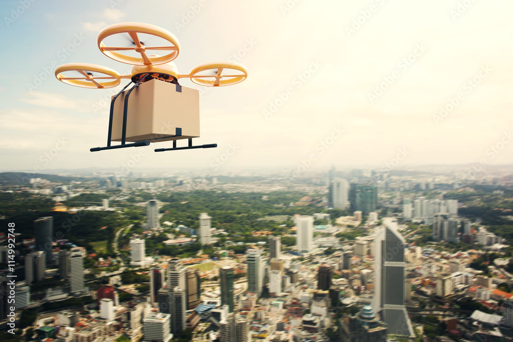 Photo Yellow Generic Design Remote Control Air Drone Flying Sky Empty Craft  Box Under Urban Surface.Modern City Background.Post Fast  Delivery.Horizontal,Left Side View.Film Effect.3D rendering. Illustration  Stock | Adobe Stock
