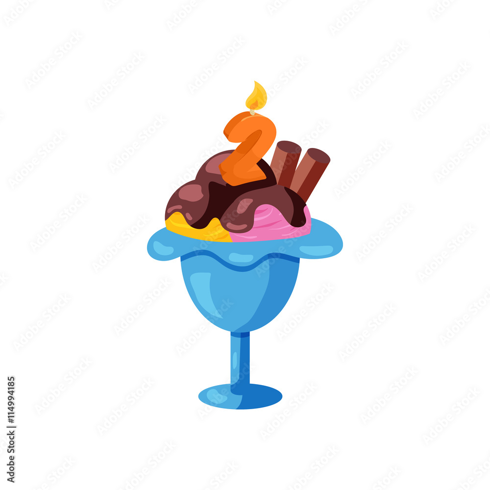 Birthday ice cream with candle number two icon in cartoon style on a white background Birthday ice cream with candle number two icon in cartoon style on a white background