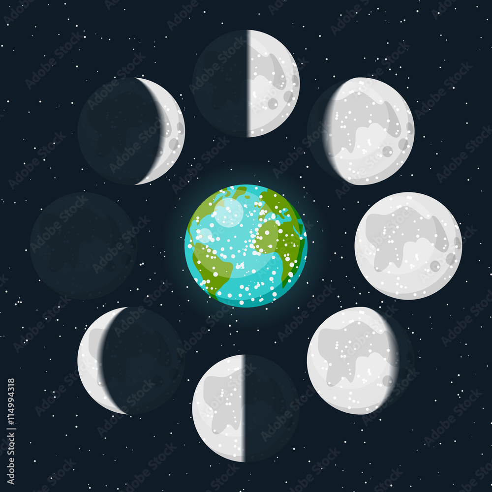 Obraz premium Vector lunar phases icon set and colorful Earth icon on beautiful starry dark background