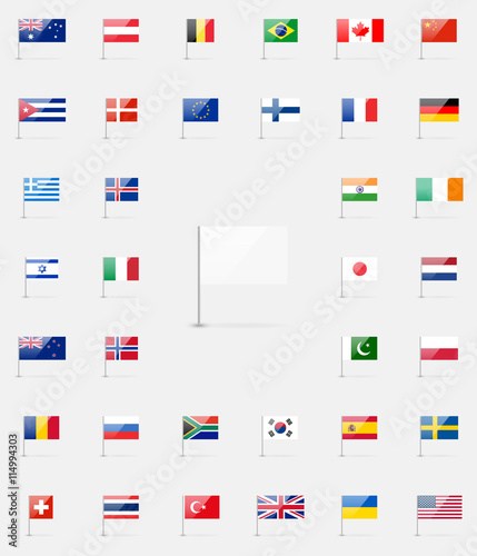 Vector world flags collection. 37 detailed high quality glossy icons. White flag blank template.