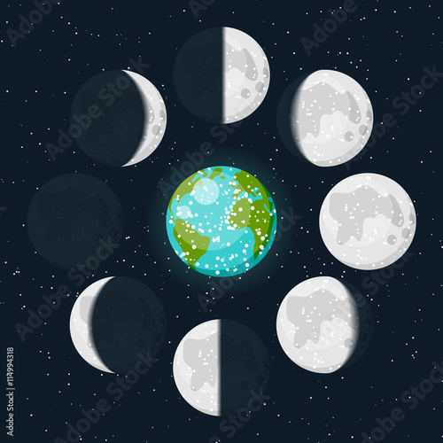 Vector lunar phases icon set and colorful Earth icon on beautiful starry dark background