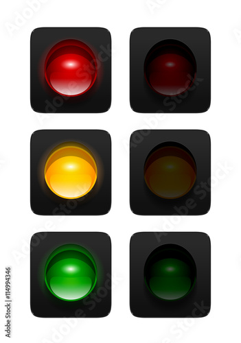 Vector turned on and off red, amber and green traffic signals isolated on white background. Single aspect traffic lights icons for your design.