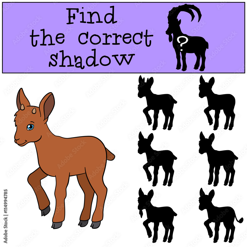 Educational game: Find the correct shadow. Little cute baby ibex