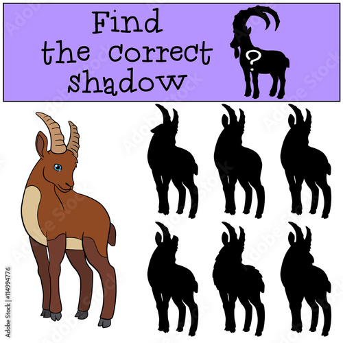 Educational game: Find the correct shadow. Cute ibex smiles.