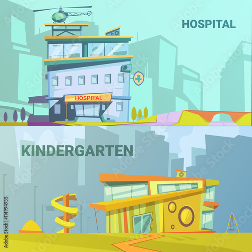Fototapeta Naklejka Na Ścianę i Meble -  Hospital And Kindergarten Building Retro Cartoon