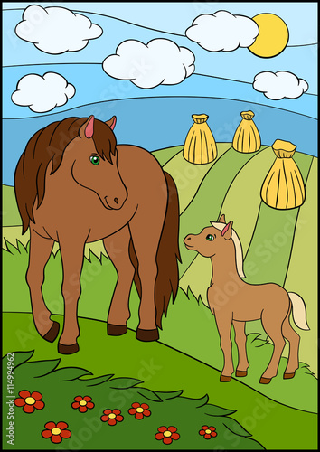 Cartoon farm animals. Mother horse with foal