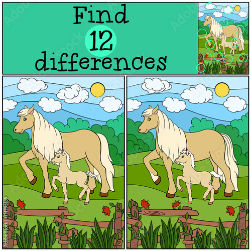 Children games: Find differences. Mother horse with foal.