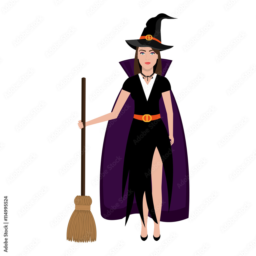 Beautiful witch costume with broomstick and hat cartoon, vector  illustration. Stock Vector | Adobe Stock