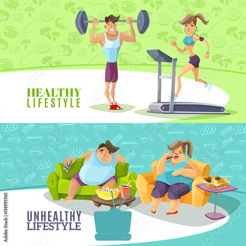 Healthy And Unhealthy People Horizontal Banners Set 