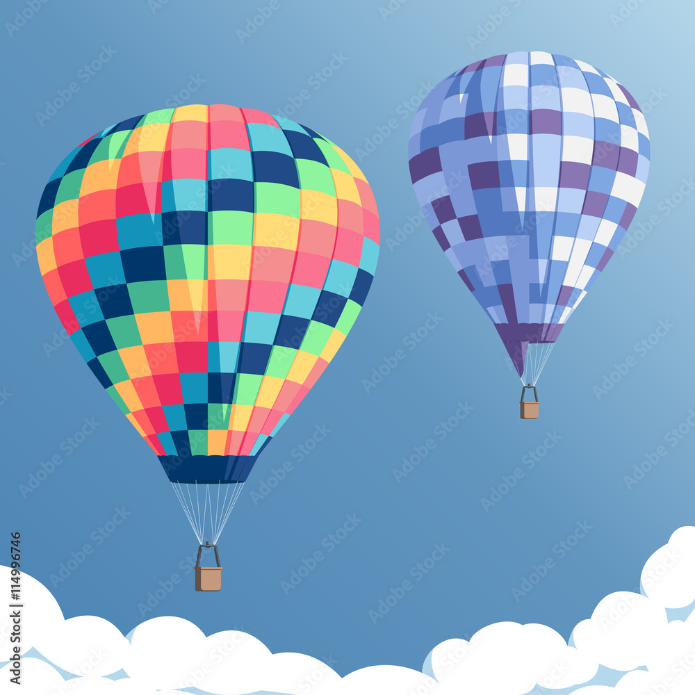 Naklejka premium colorful hot air balloons on blue sky background with clouds, vector illustration of bright rainbow hot air balloons