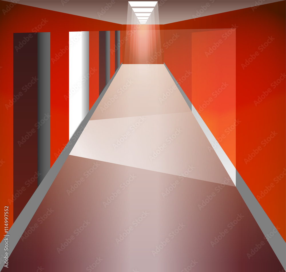 Obraz premium Red Corridor and doors. Light at the end. The light from the doorway. Fixtures. There is an exit.