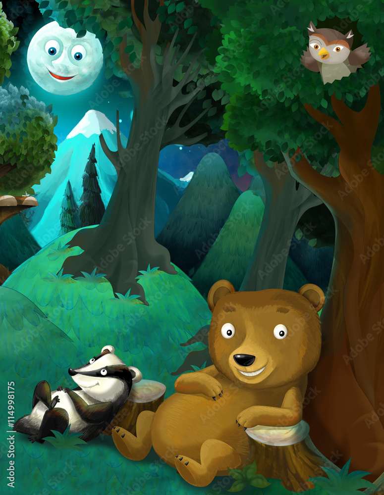 Fototapeta Kreskówki lasowa scena z szczęśliwym niedźwiedzie ilustracją dla dzieci - dla różnego użycia -