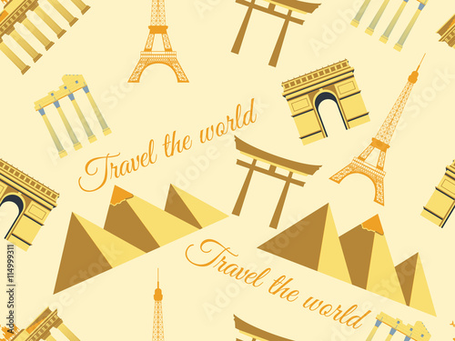 Seamless pattern with architectural monuments from different countries. Vector illustration.