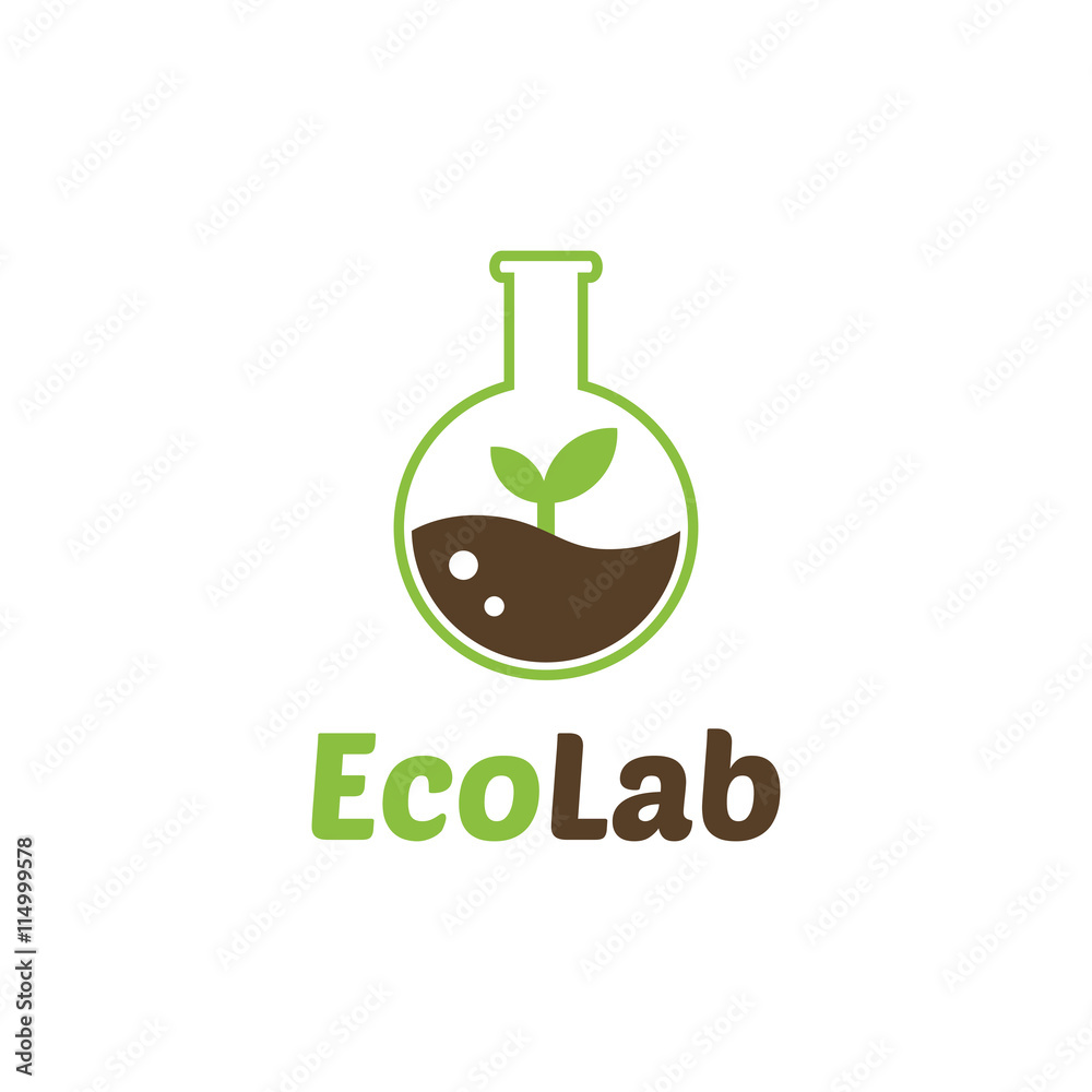 Eco Lab icon logo isolated. Organic Laboratory. Ecology vector. Chemicals, nature, natural logo, science icon,technology logo, Eco green with leafs. laboratory glassware and leaves. Lab glassware.