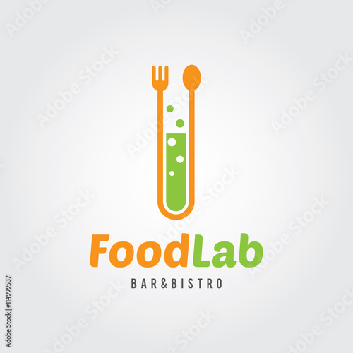 Food Lab Logo Template. Flat Design Vector Illustration. Lab test tube with spoon and fork. For restaurant, cafe, bar, food shop.