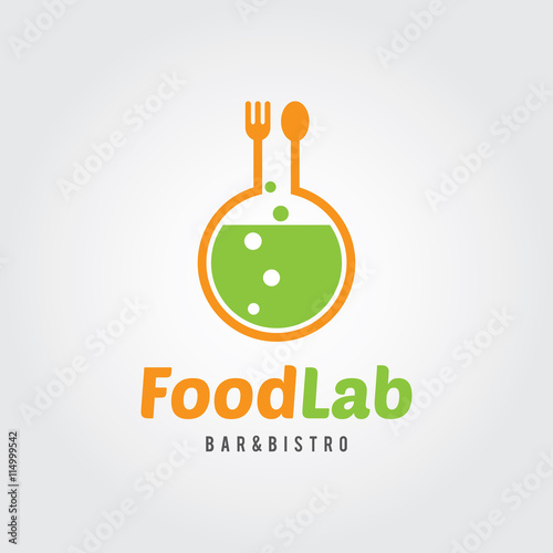 Food Lab Logo Template. Flat Design Vector Illustration. Lab test tube with spoon and fork. For restaurant, cafe, bar, food shop.