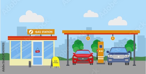 Cars at a gas station near shop. Vector illustration