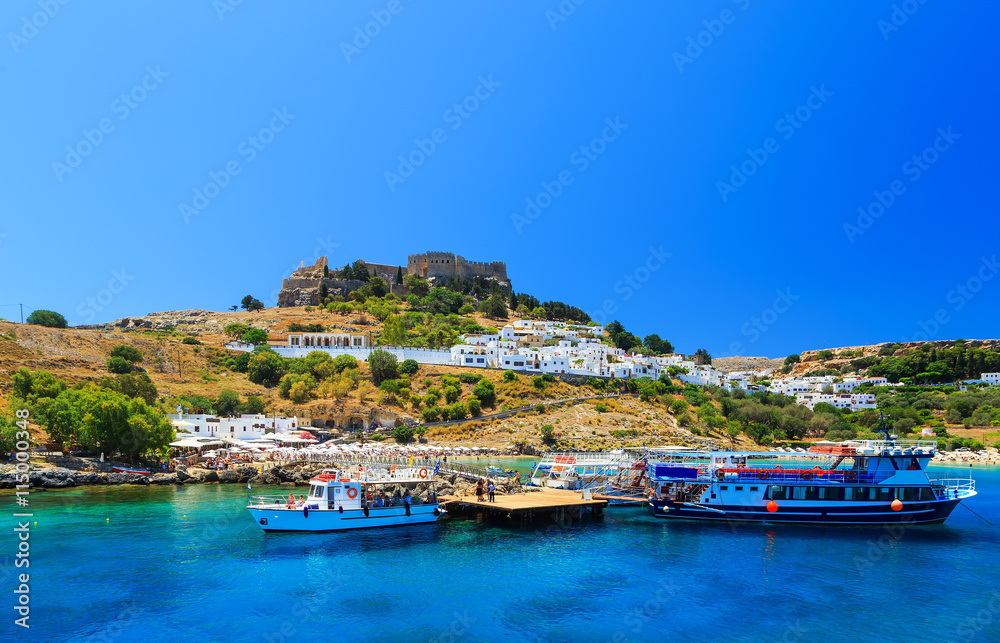 Fototapeta premium Greece. Rhodes Island. The town of Lindos and sea bay