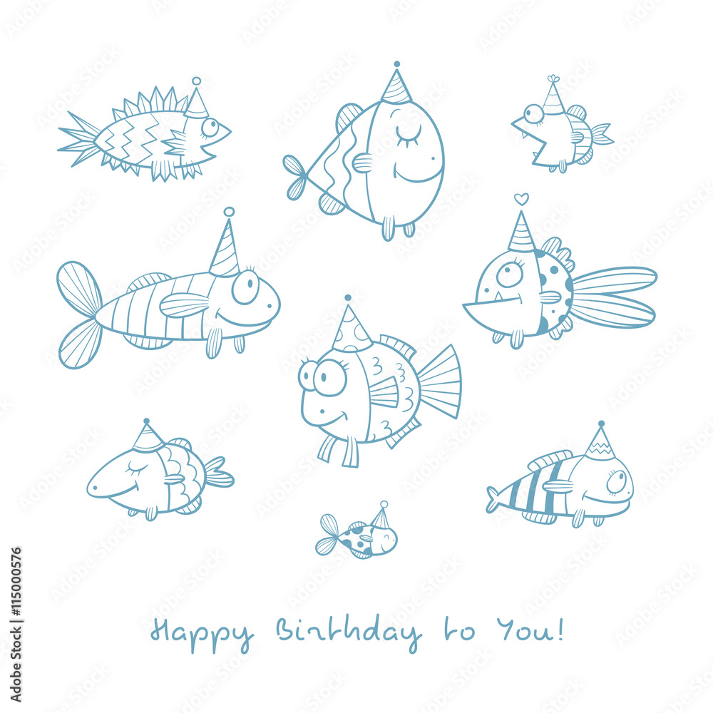 Fototapeta premium Birthday card with cute cartoon fishes in party hats. Underwater life. Funny sea animals. Children's illustration. Vector contour image no fill. Doodle style.
