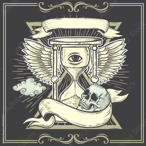 Tattoo-art design.Wings,Hourglass, Skull Eye of Providence.